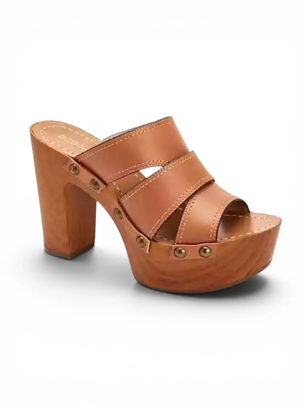 BCBGeneration Zadie Cognac Faux Leather Woodgrain Platform Mule Sandals Size 6